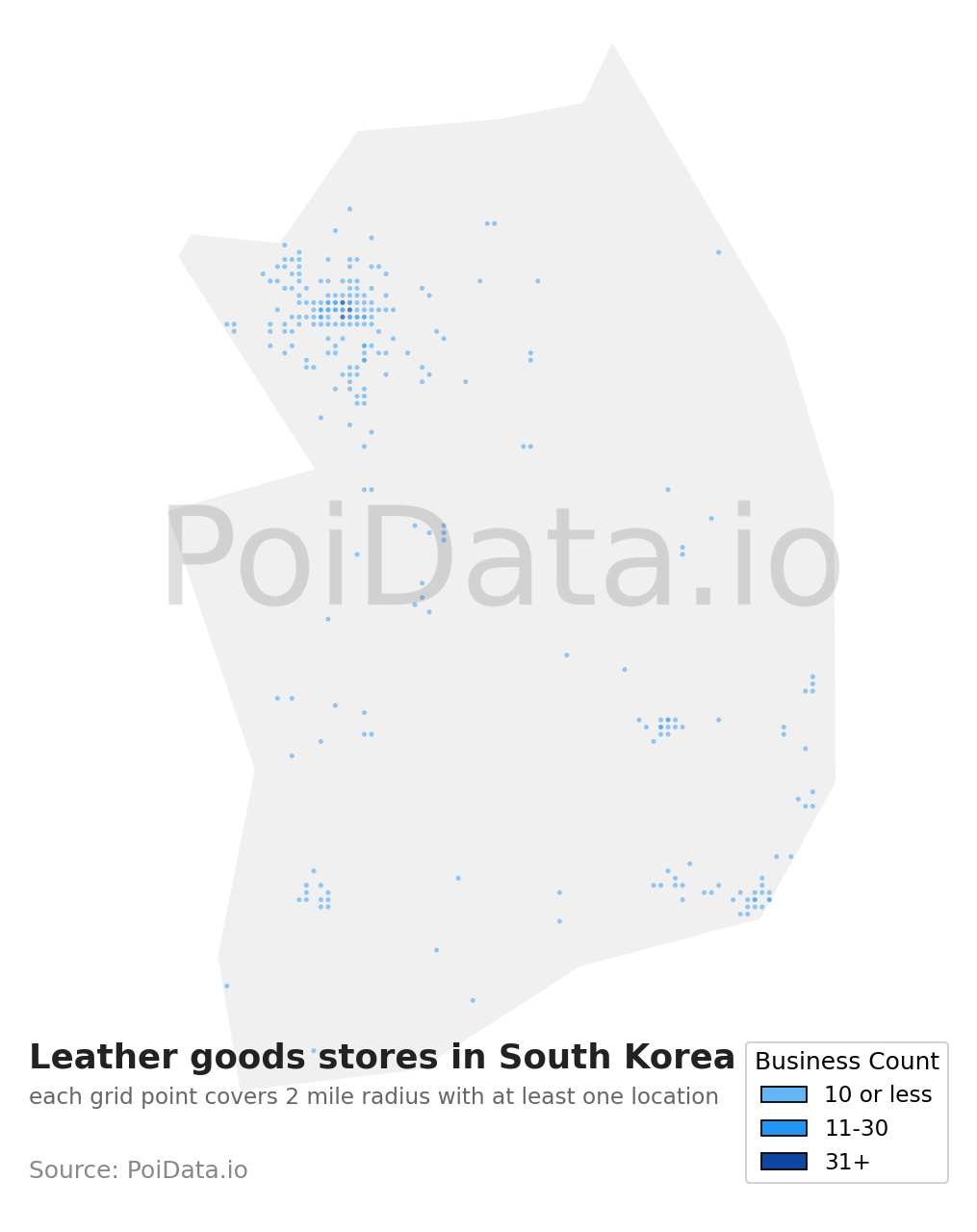 Leather goods store density map for South Korea