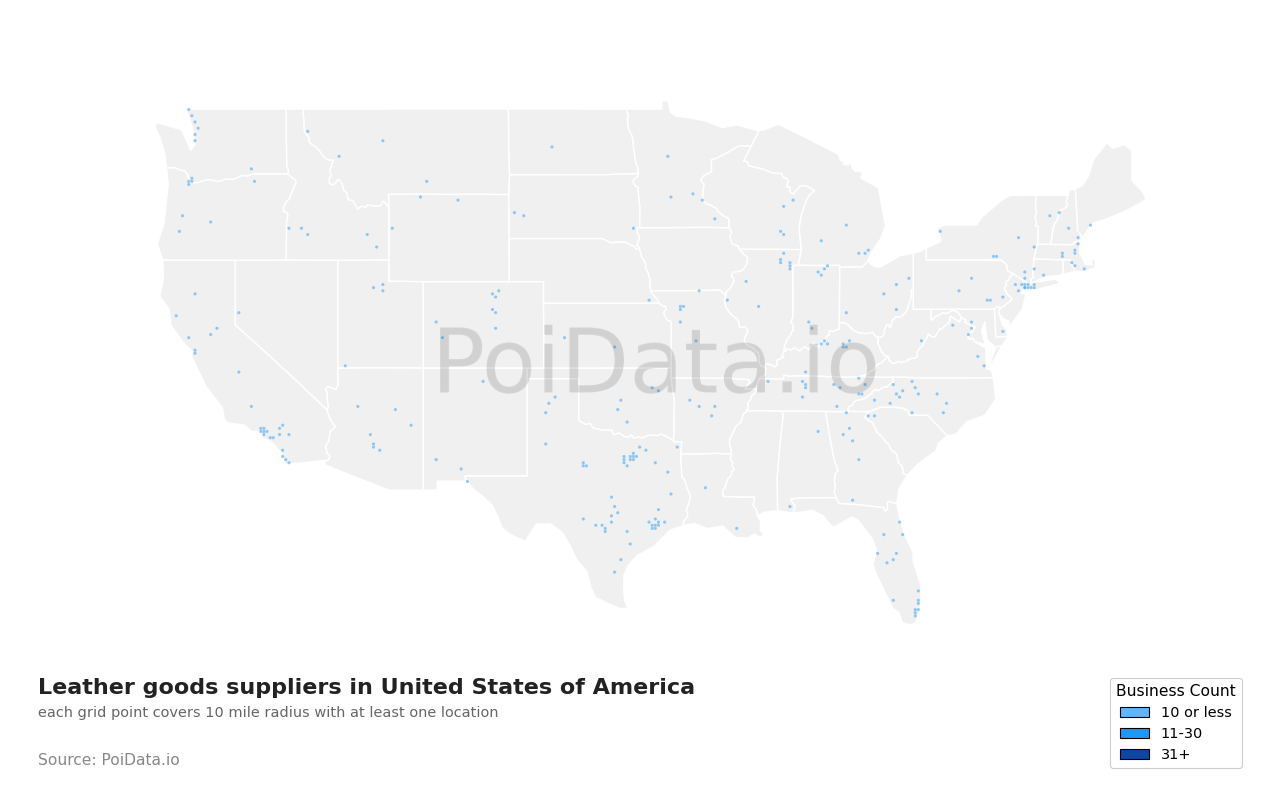 Leather goods supplier density map for North Dakota, United States