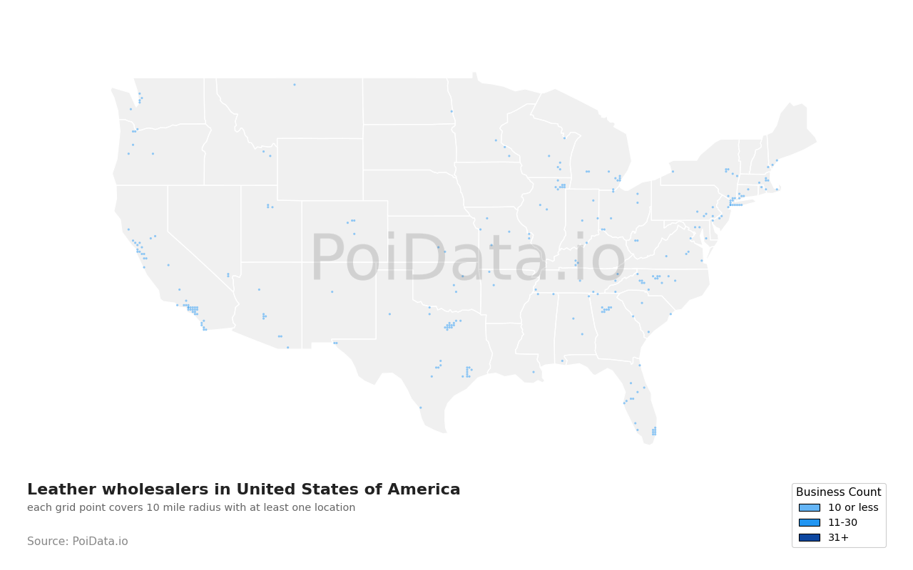 Leather wholesaler density map for California, United States
