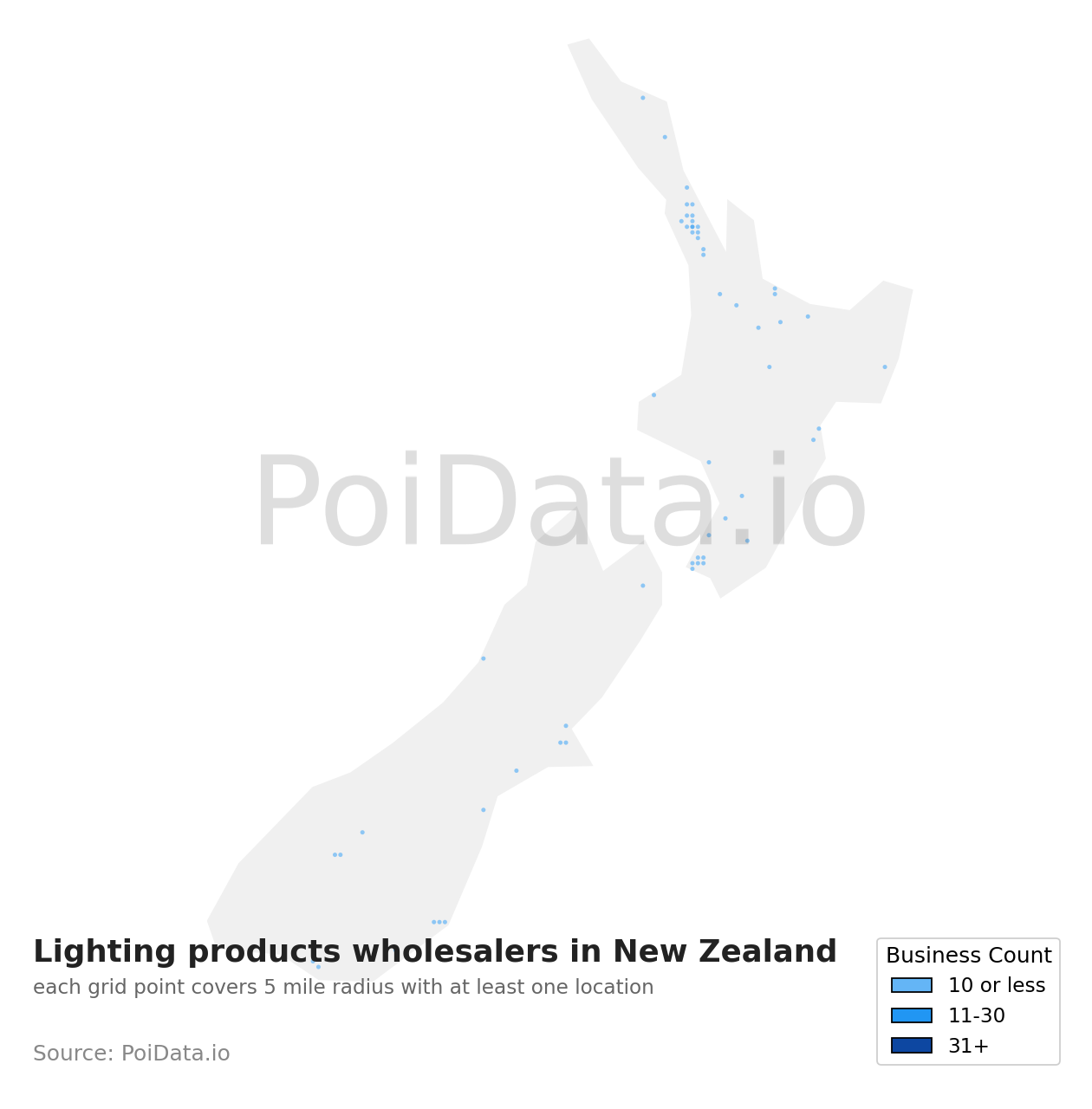 Lighting products wholesaler density map for New Zealand