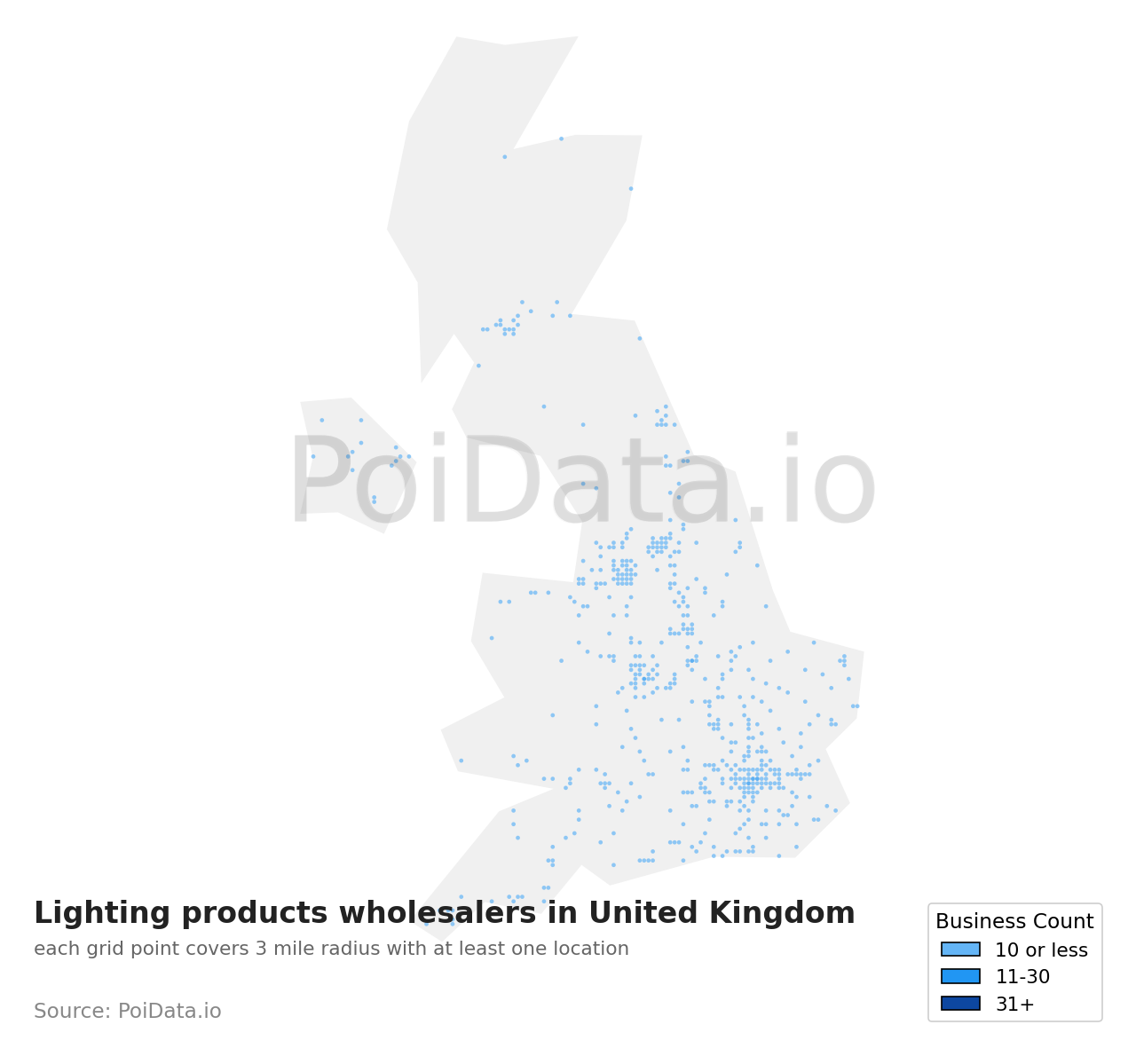 Lighting products wholesaler density map for United Kingdom