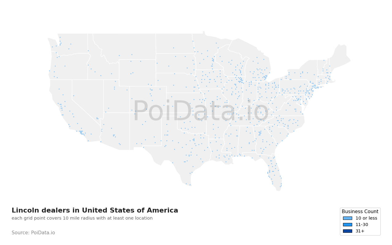 Lincoln dealer density map for Ohio, United States