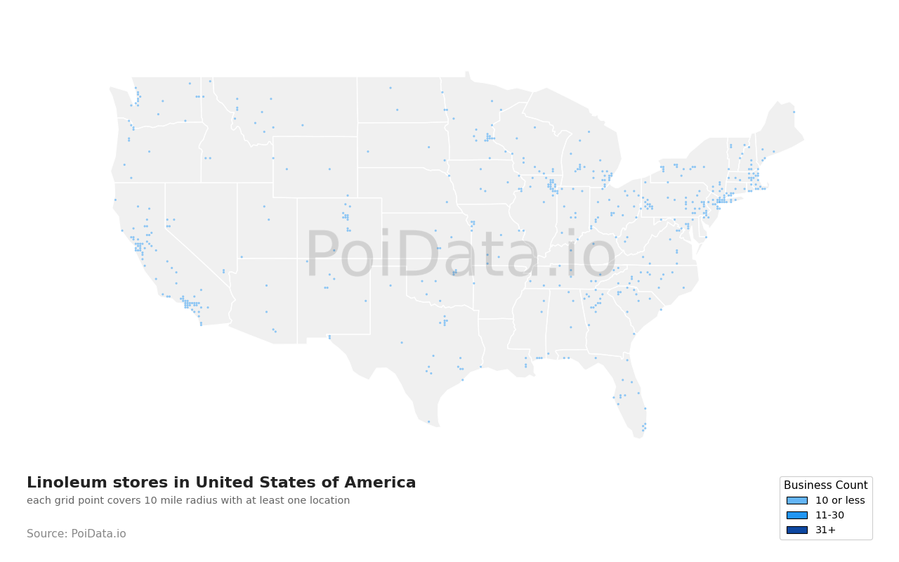 Linoleum store density map for California, United States