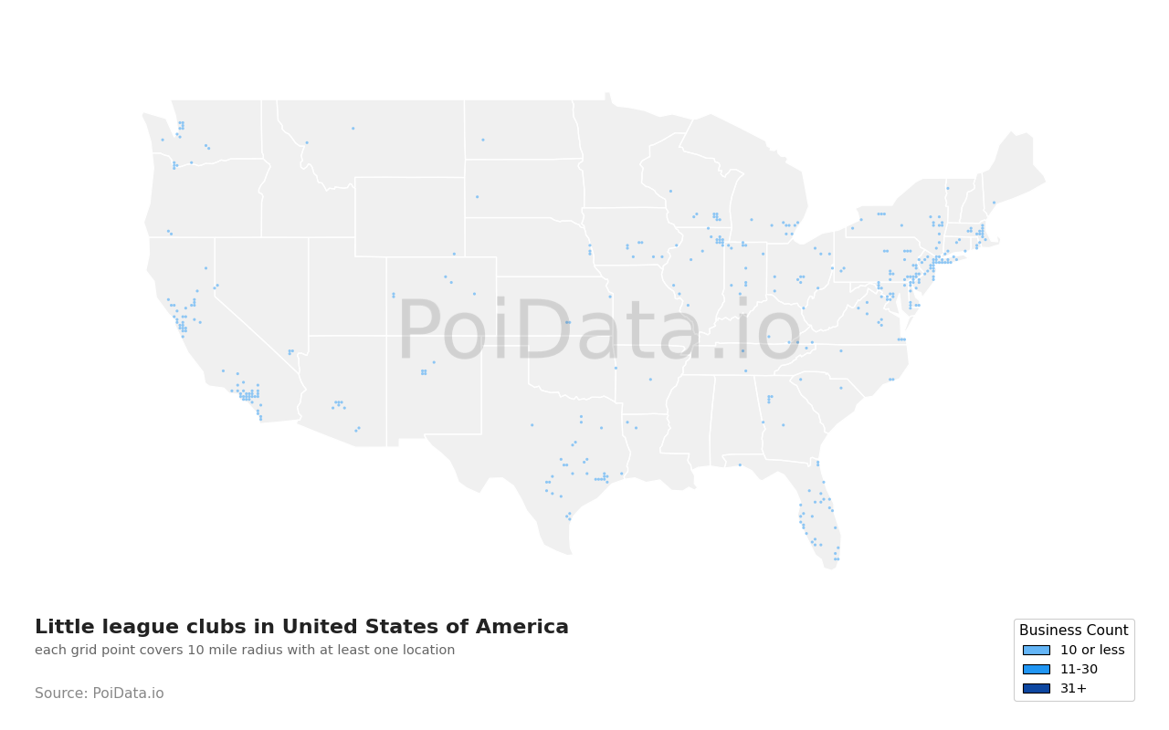 Little league club density map for United States