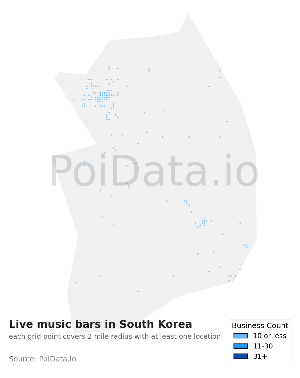 Live music bar density map for South Korea
