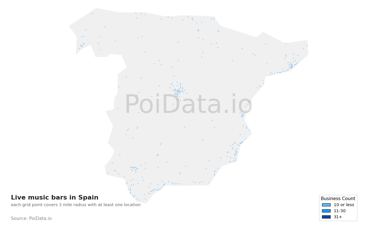 Live music bar density map for Spain