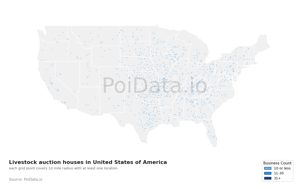 Livestock auction house density map for Florida, United States