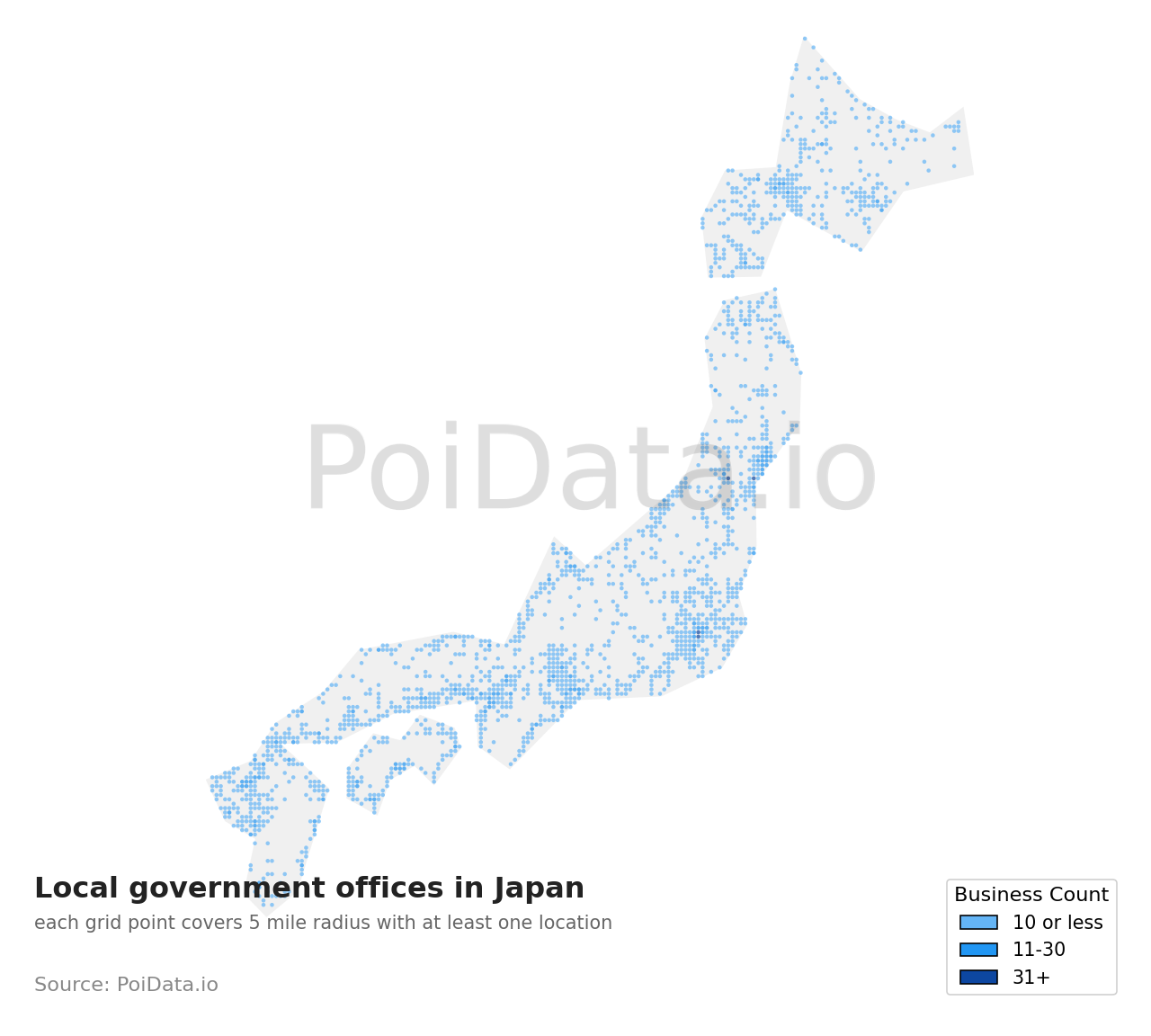 Local government office density map for Japan