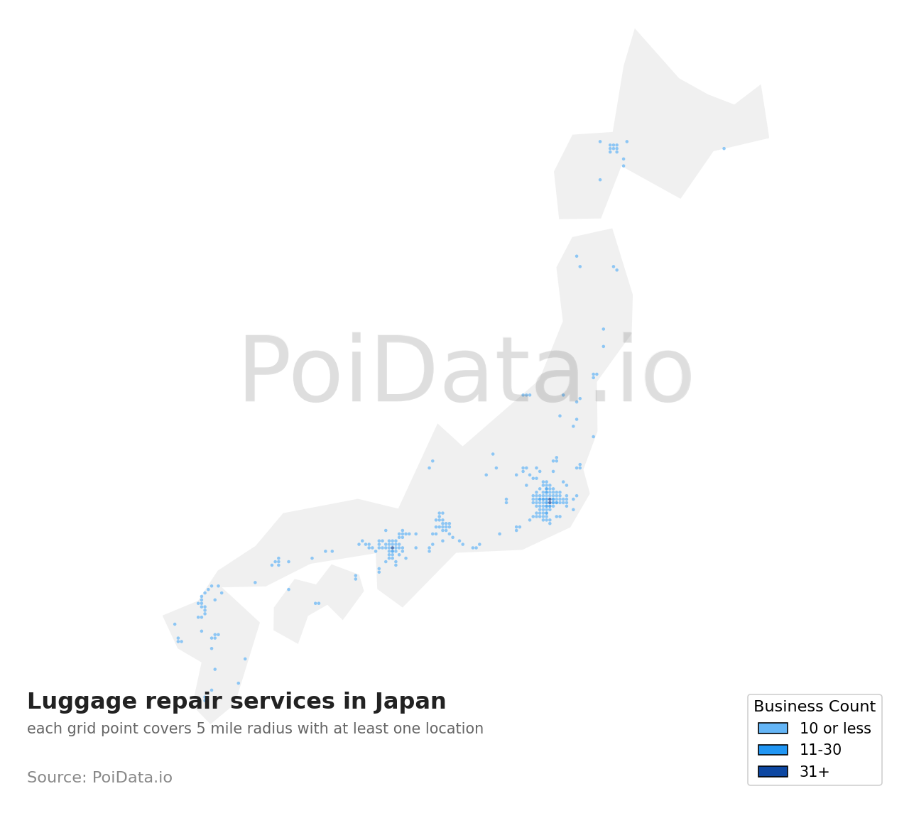 Luggage repair service density map for Japan