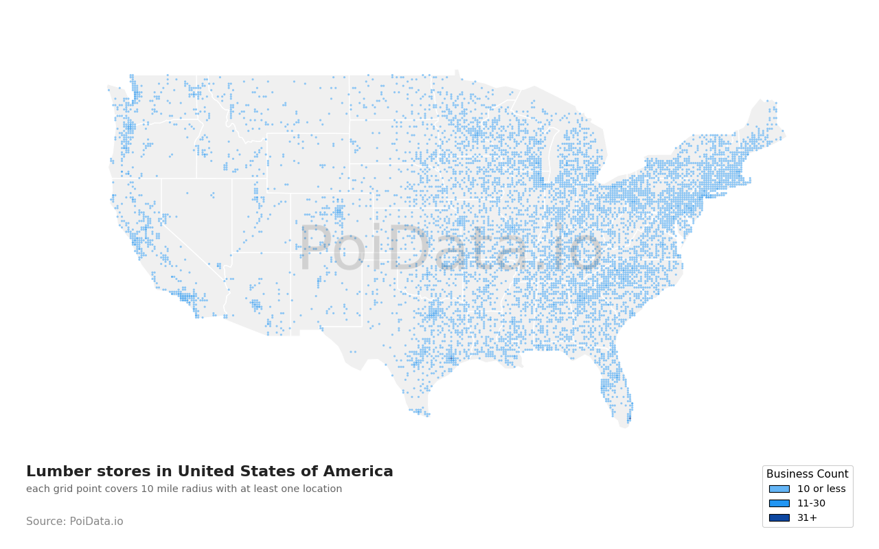 Lumber store density map for Florida, United States