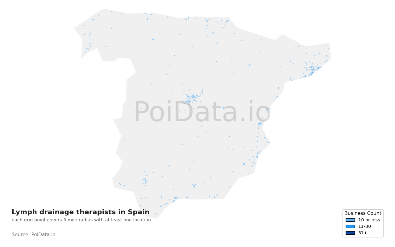 Lymph drainage therapist density map for Spain