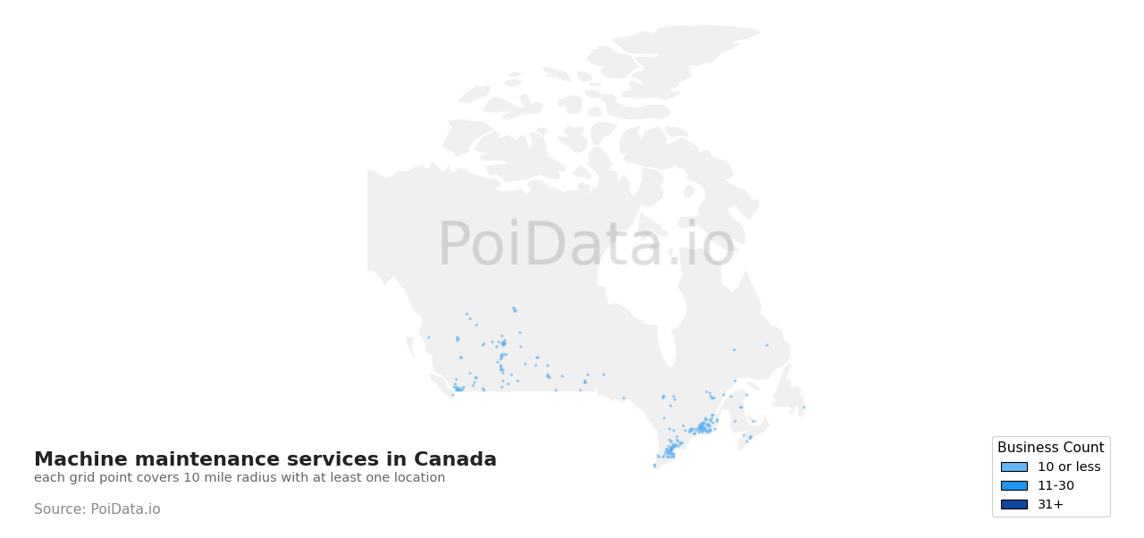 Machine maintenance service density map for New Brunswick, Canada