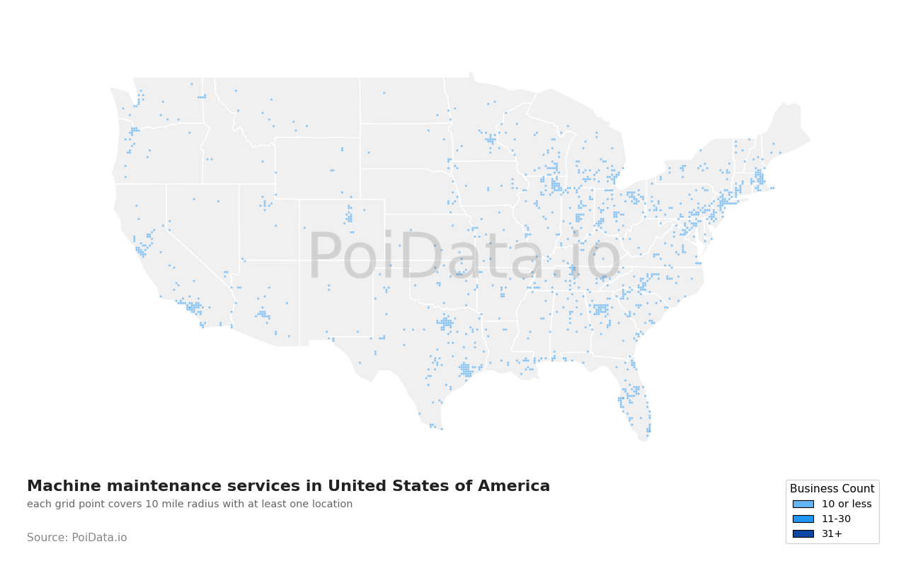 Machine maintenance service density map for United States