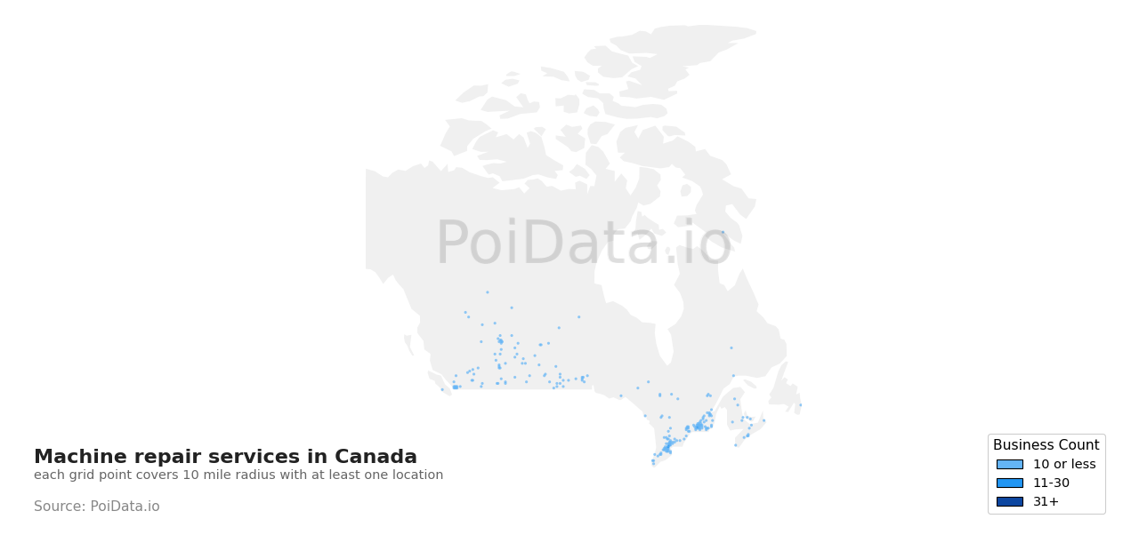 Machine repair service density map for Newfoundland and Labrador, Canada