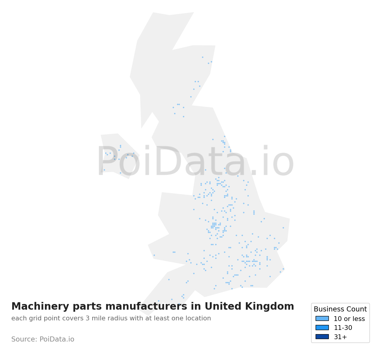 Machinery parts manufacturer density map for United Kingdom