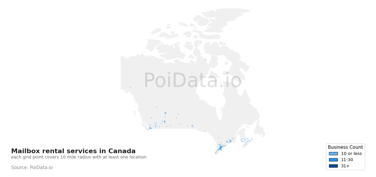 Mailbox rental service density map for Quebec, Canada