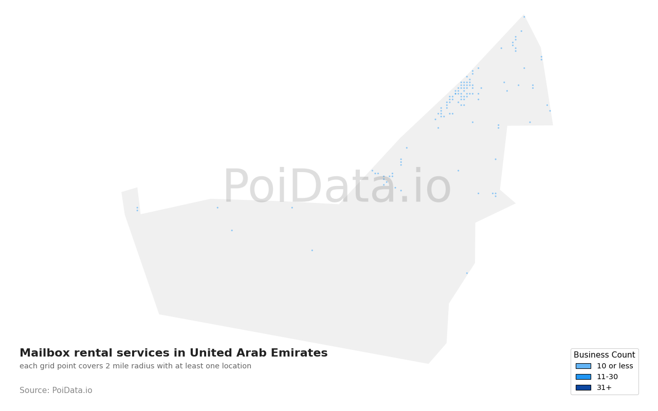 Mailbox rental service density map for United Arab Emirates