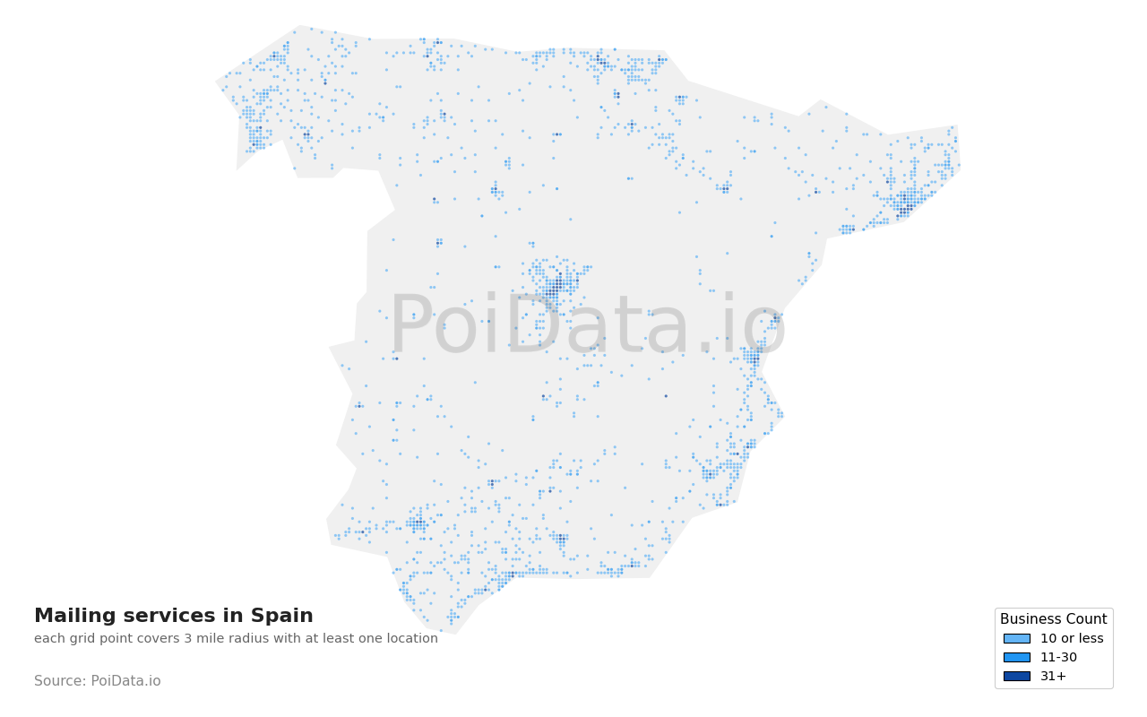 Mailing service density map for Spain