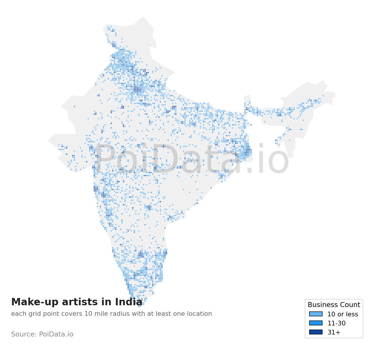 Make-up artist density map for India