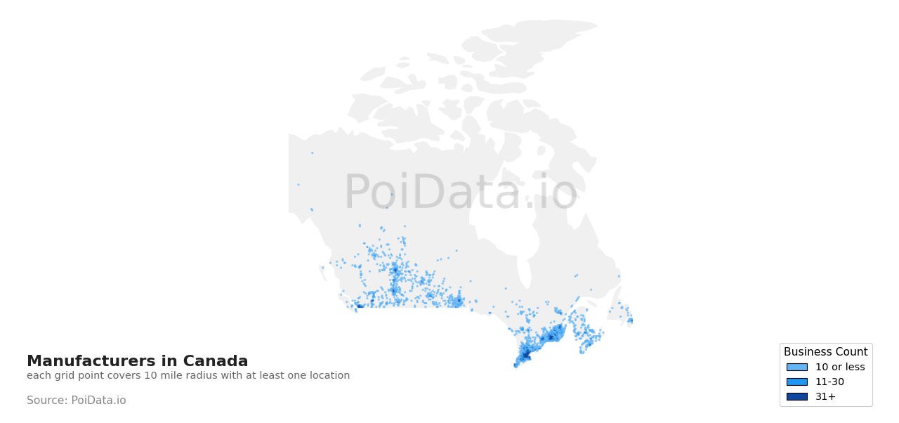 Manufacturer density map for Quebec, Canada