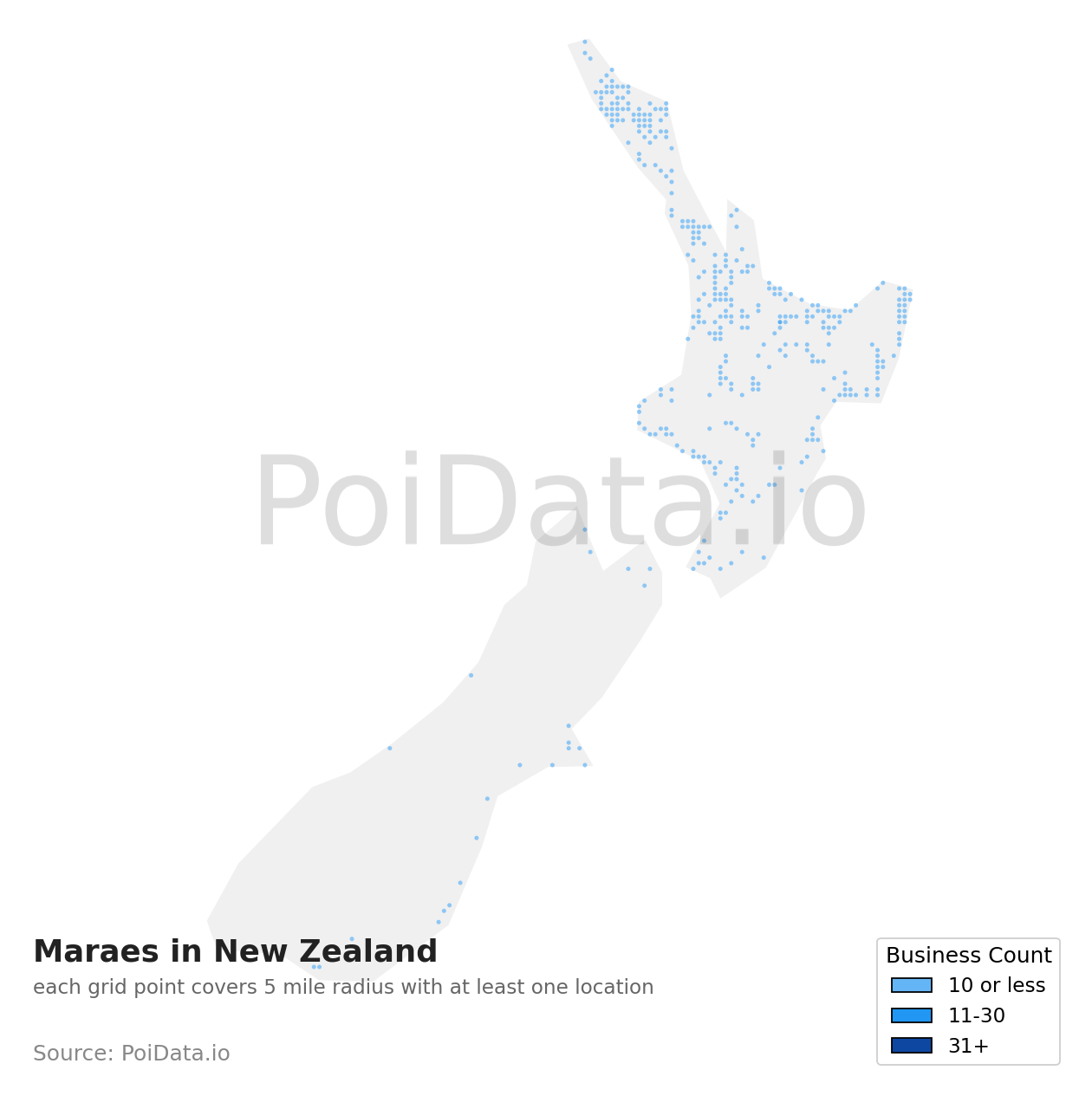 Marae density map for New Zealand