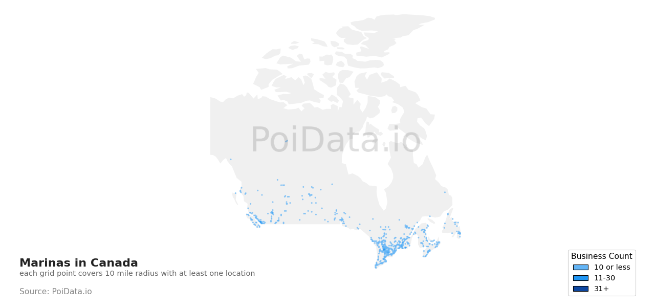Marina density map for Newfoundland and Labrador, Canada