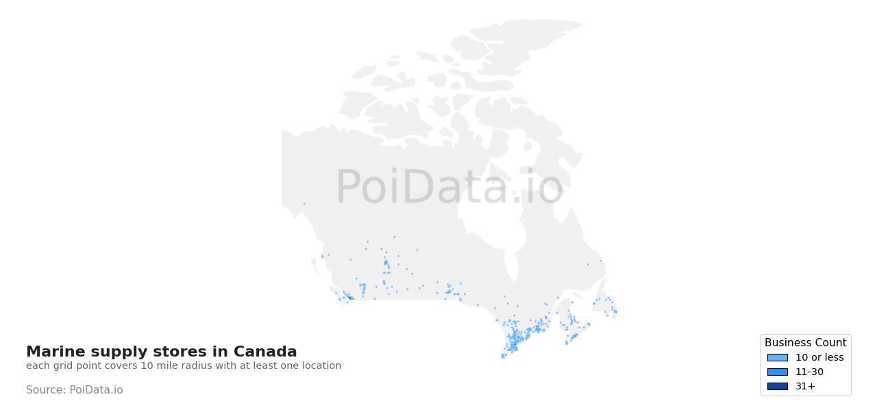 Marine supply store density map for Newfoundland and Labrador, Canada