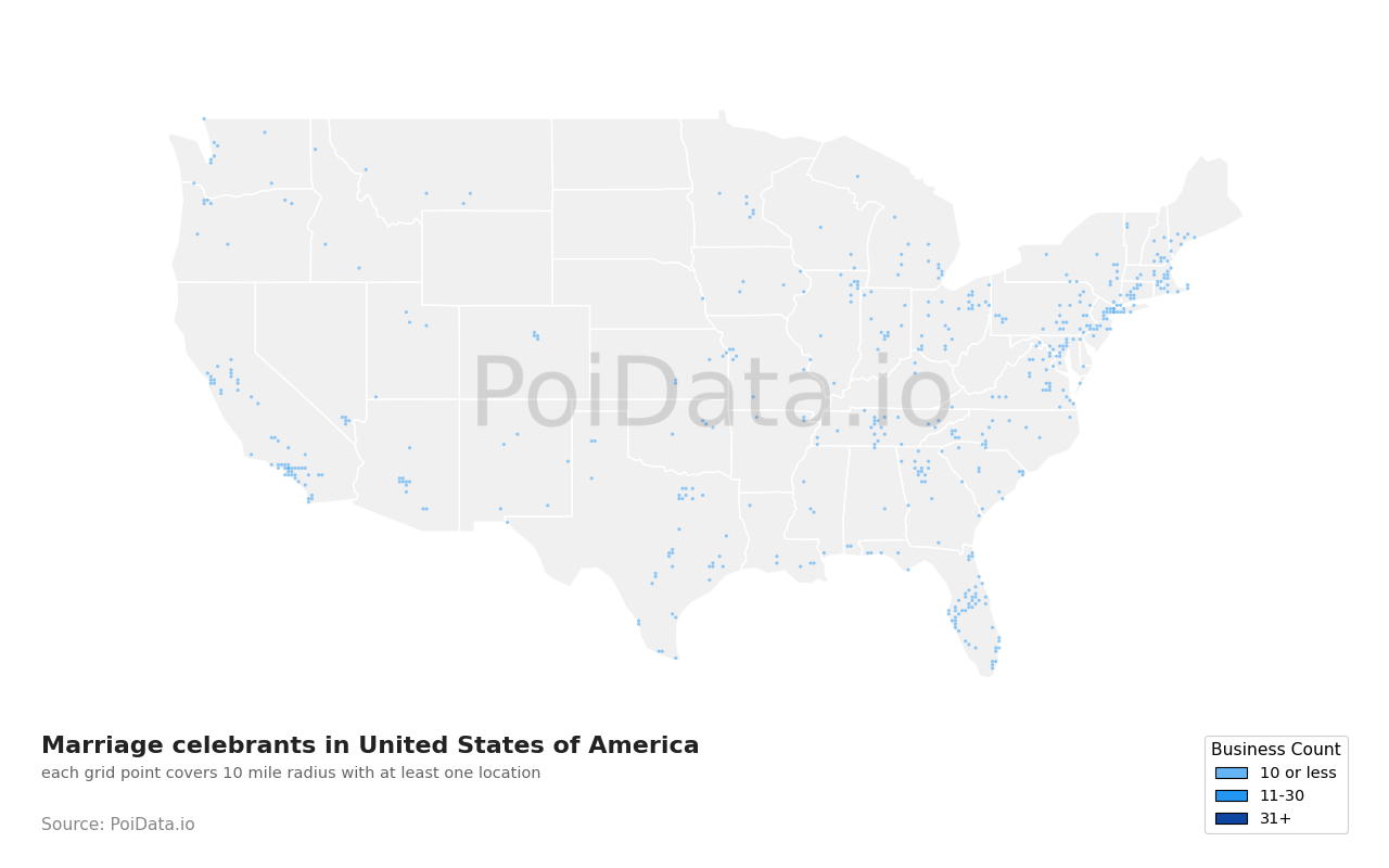 Marriage celebrant density map for Missouri, United States