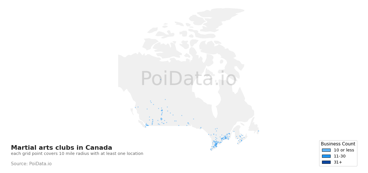 Martial arts club density map for Saskatchewan, Canada