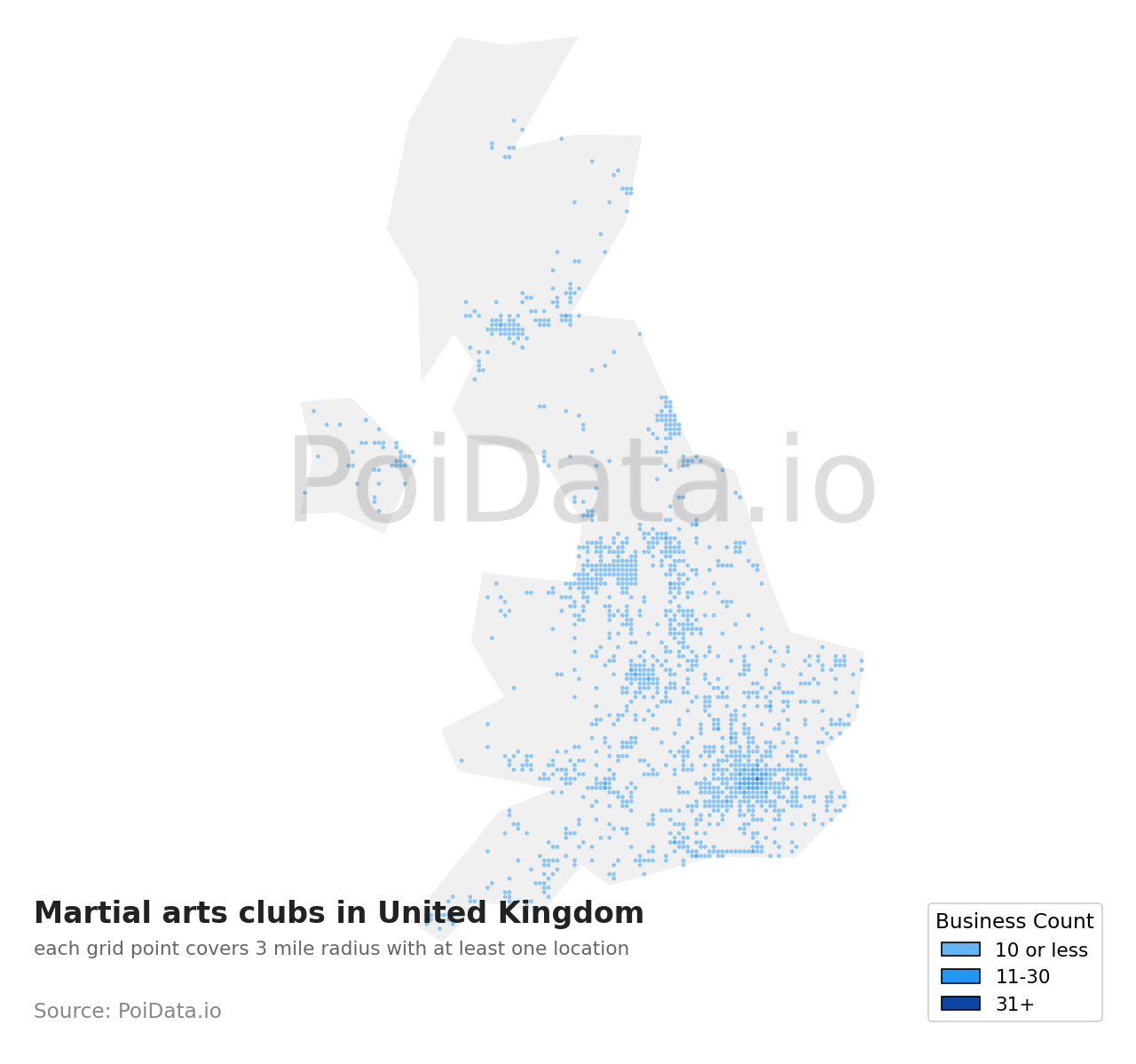 Martial arts club density map for United Kingdom