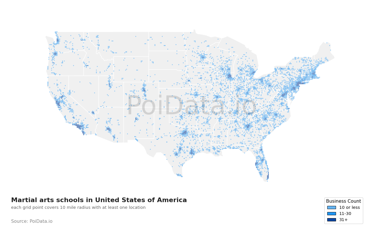 Martial arts school density map for Florida, United States