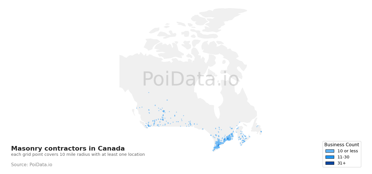 Masonry contractor density map for Quebec, Canada