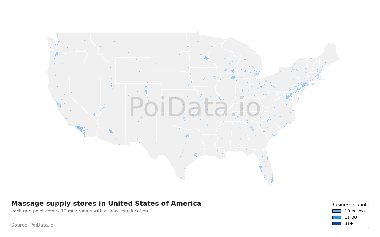 Massage supply store density map for Missouri, United States