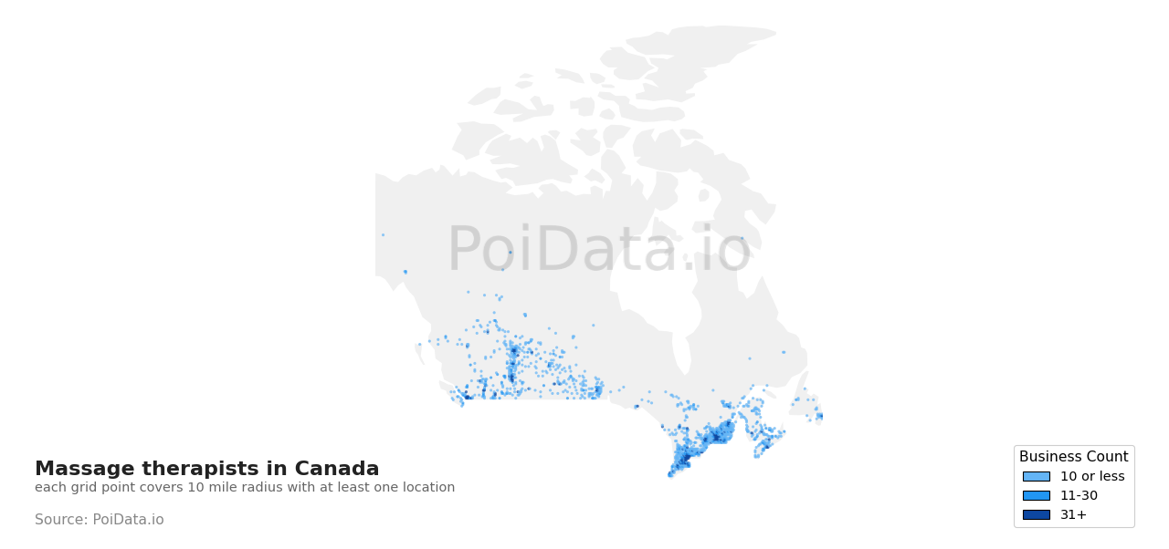 Massage therapist density map for Alberta, Canada