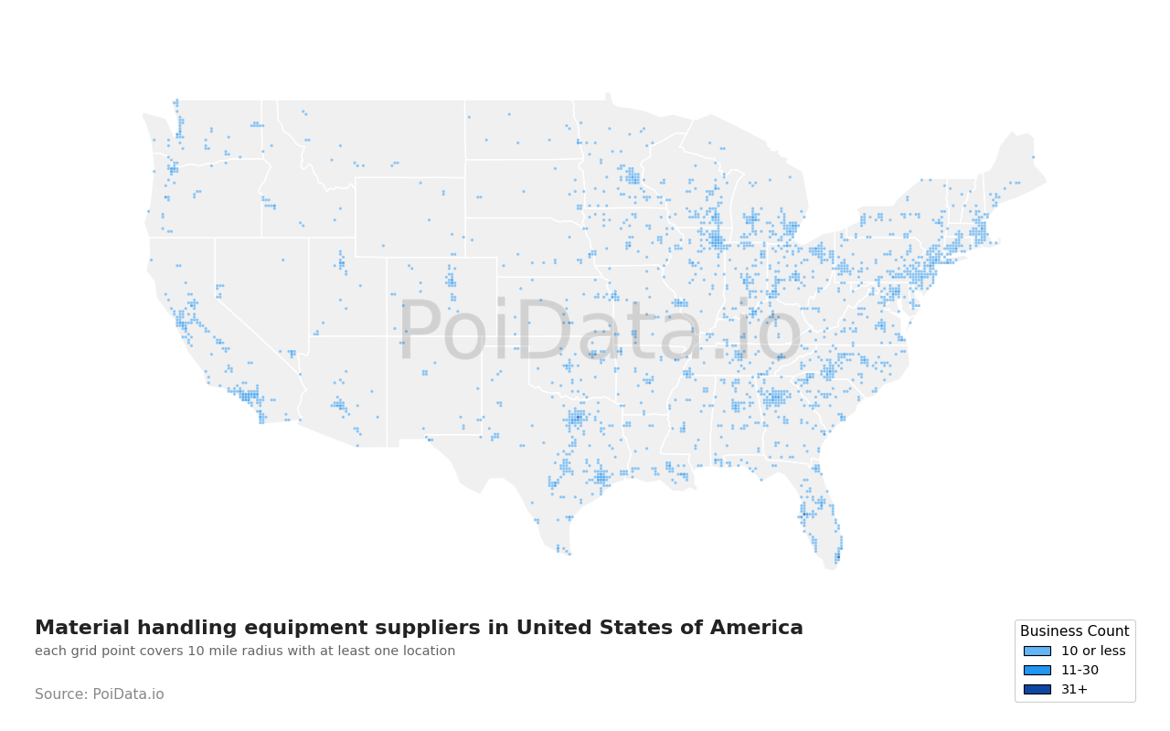 Material handling equipment supplier density map for Florida, United States