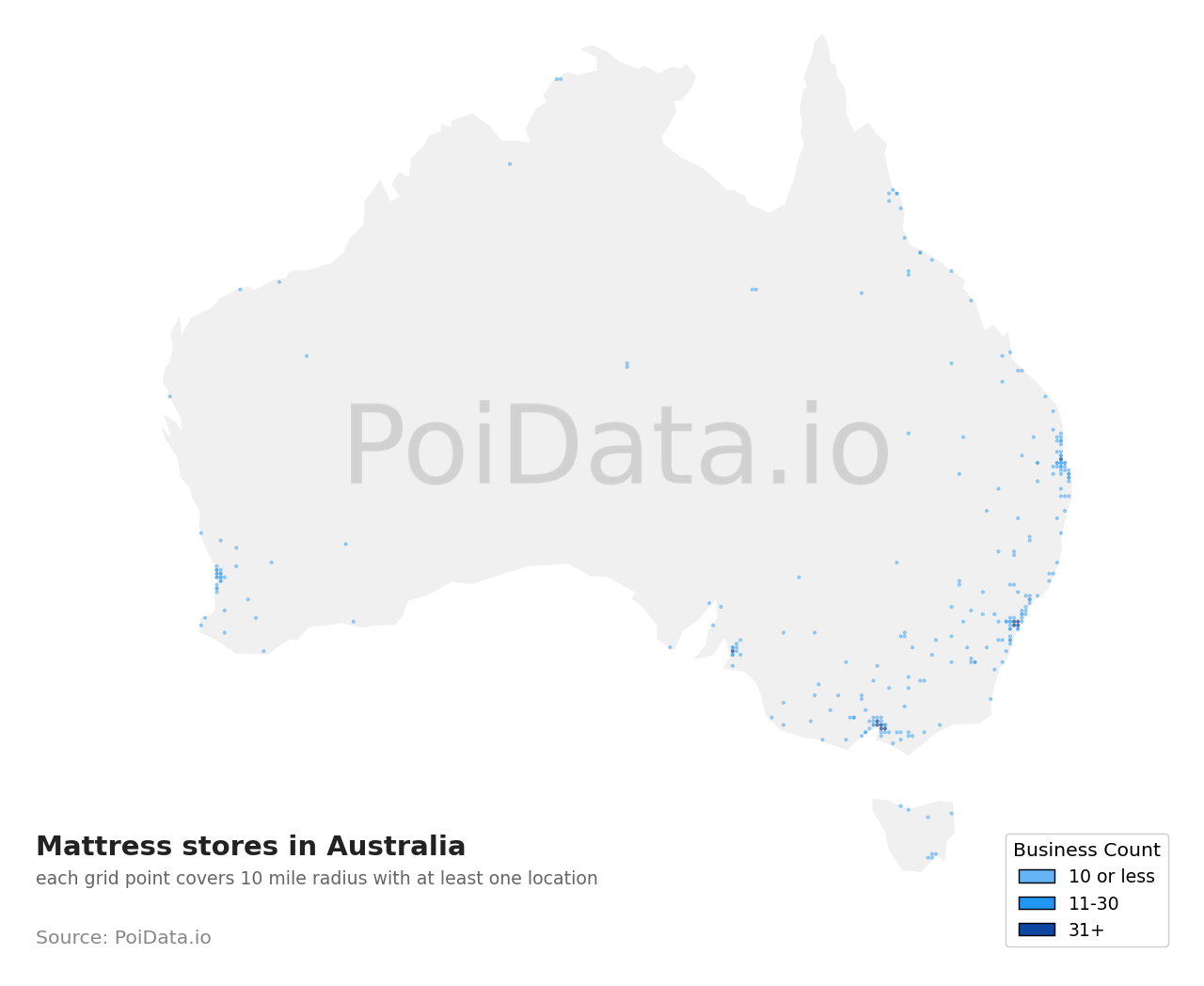 Mattress store density map for TAS, Australia