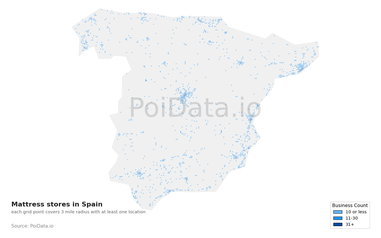 Mattress store density map for Spain
