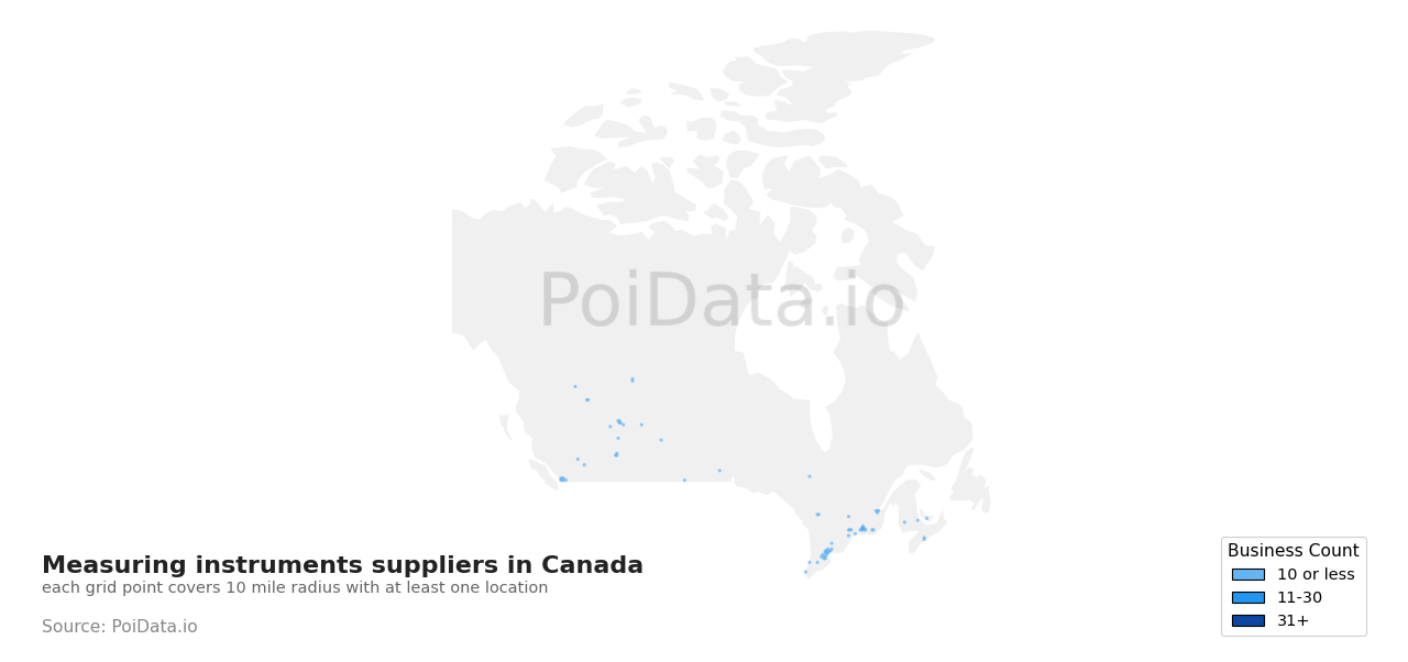 Measuring instruments supplier density map for New Brunswick, Canada