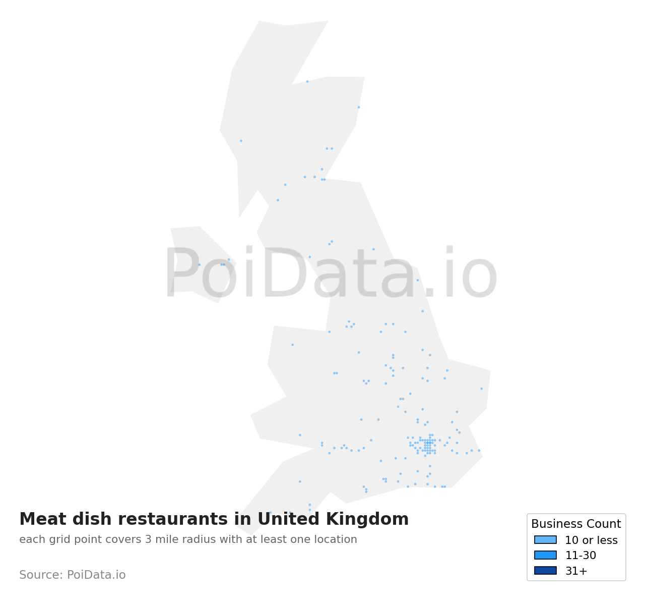 Meat dish restaurant density map for United Kingdom