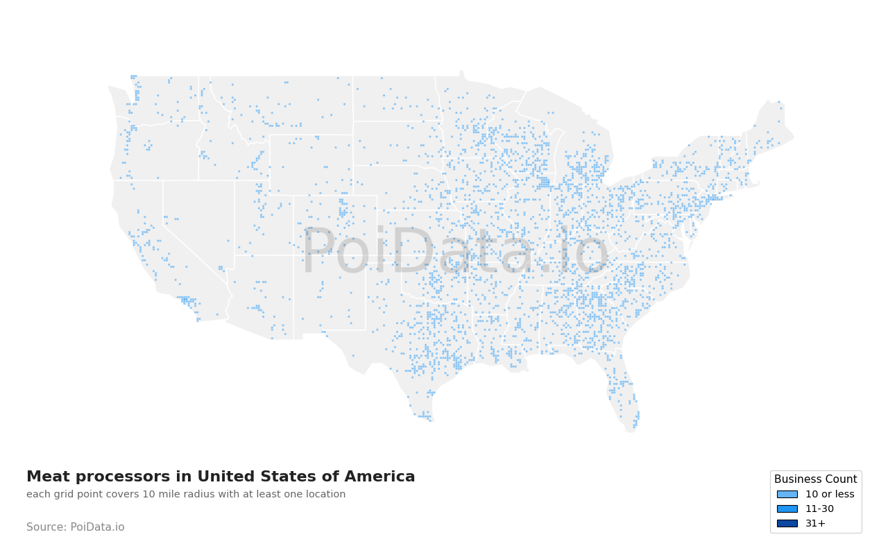 Meat processor density map for Florida, United States