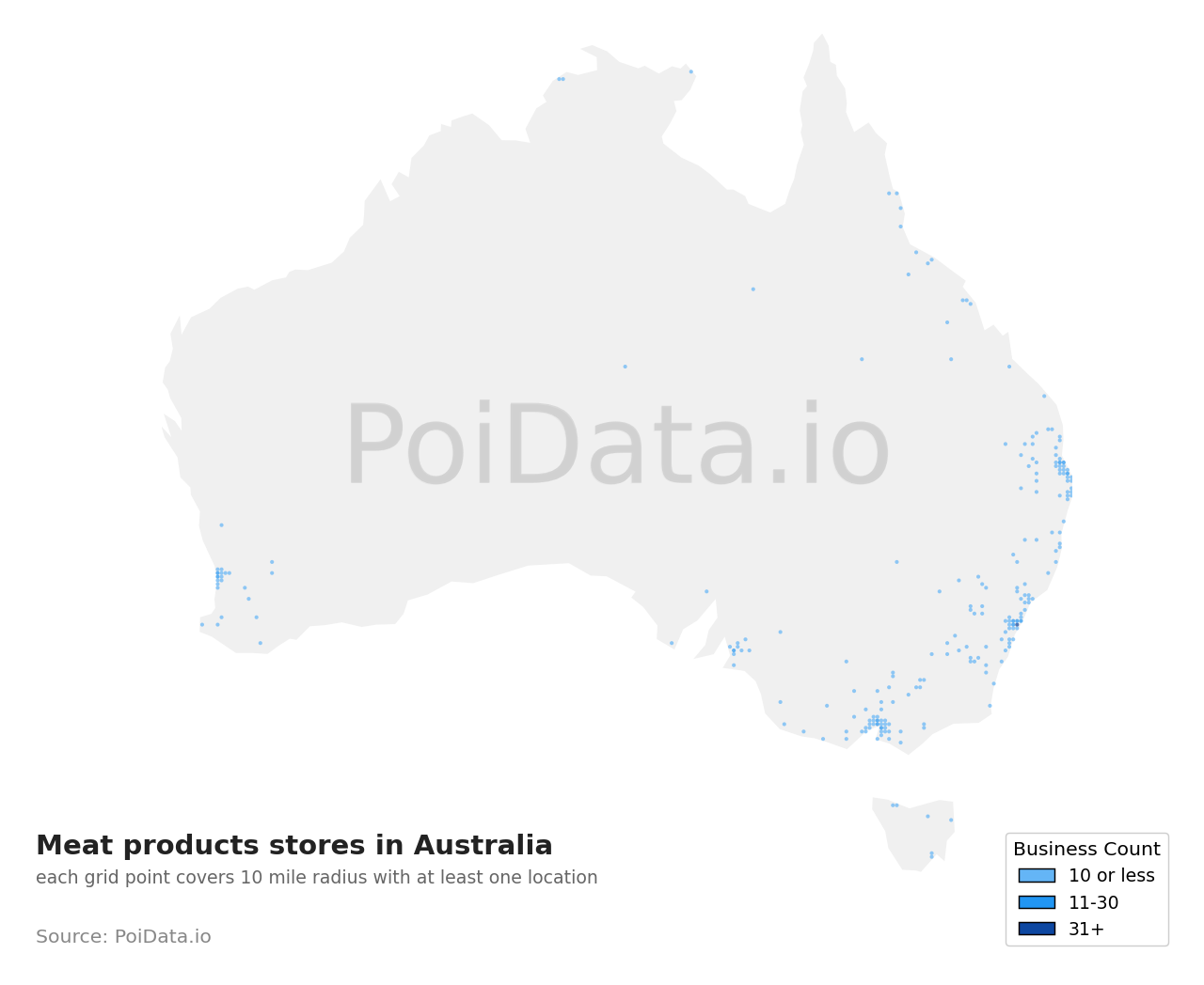 Meat products store density map for Australia