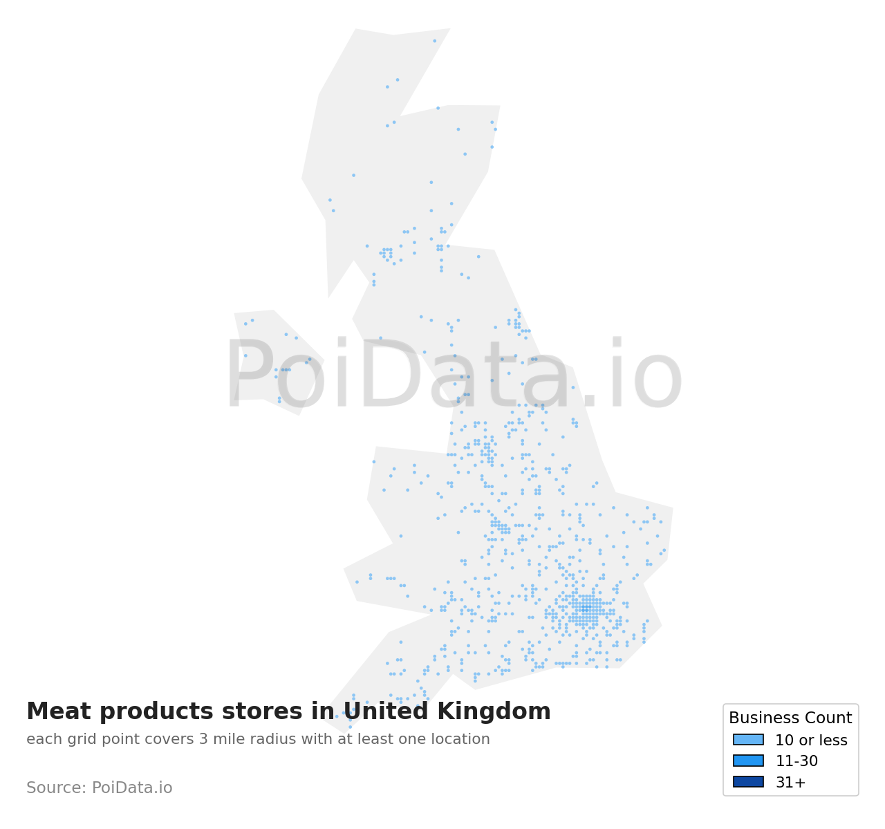 Meat products store density map for United Kingdom