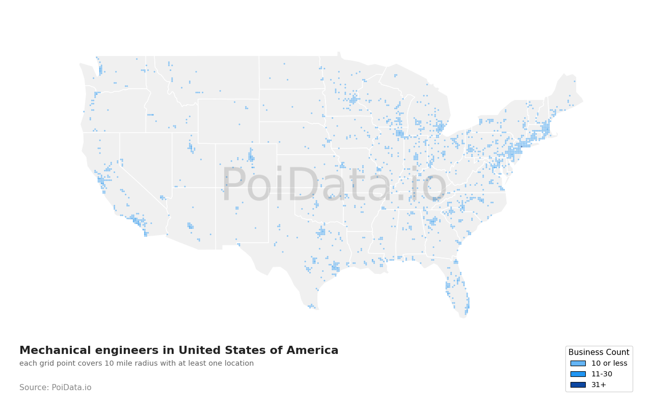 Mechanical engineer density map for Rhode Island, United States