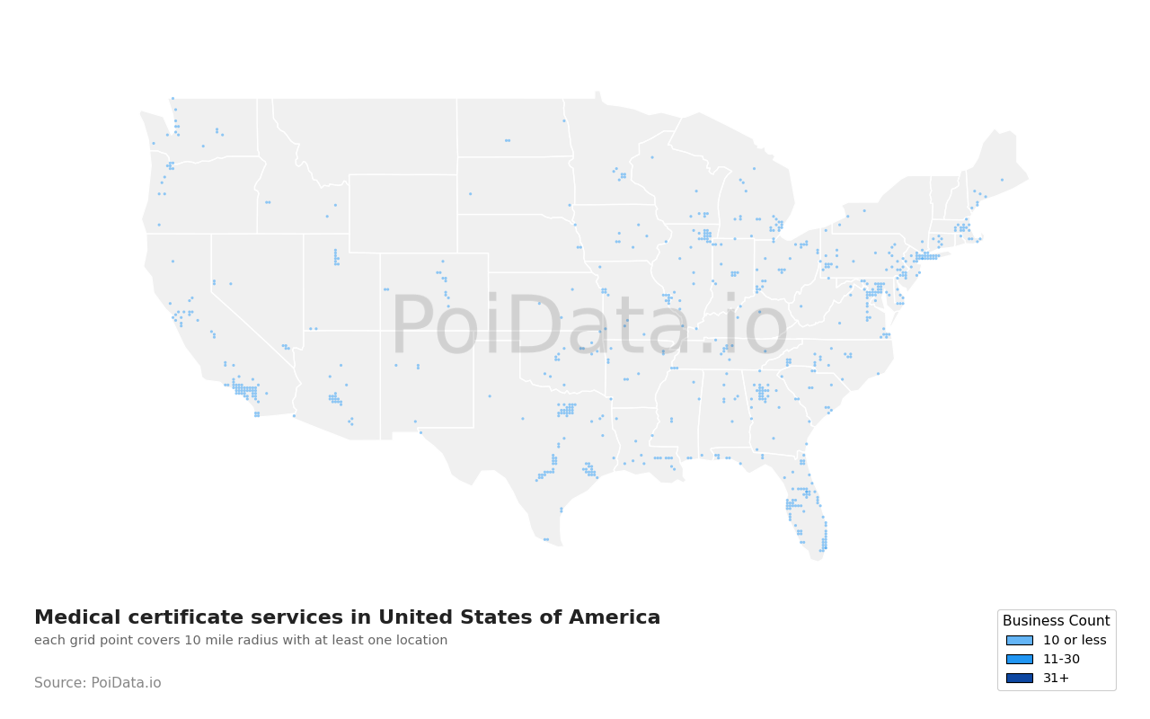 Medical certificate service density map for United States