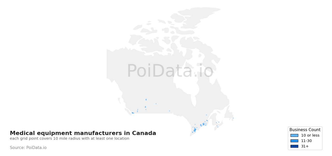 Medical equipment manufacturer density map for Canada
