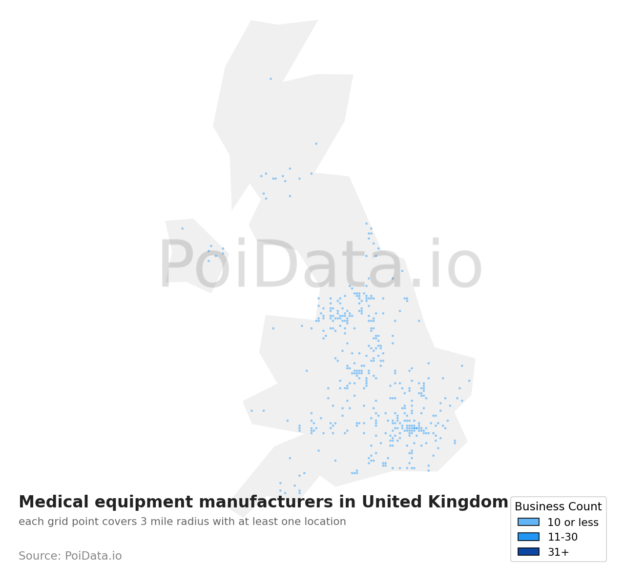 Medical equipment manufacturer density map for United Kingdom