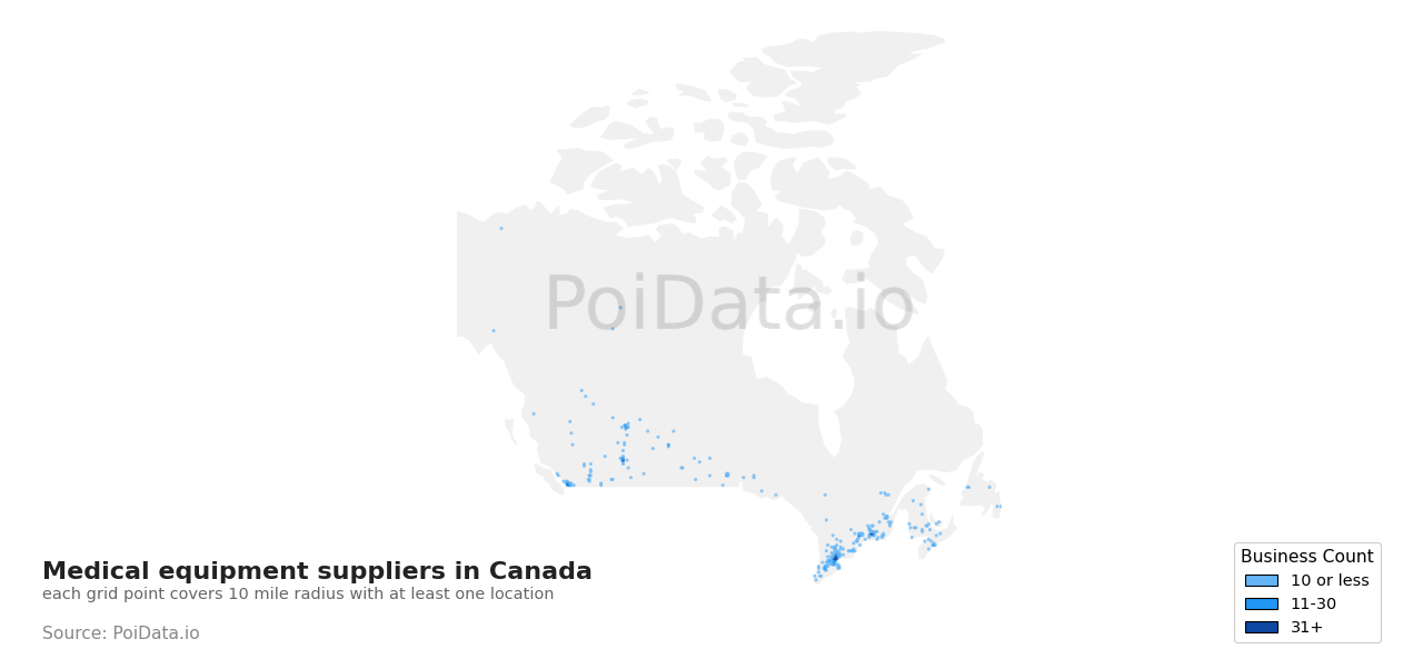Medical equipment supplier density map for Quebec, Canada