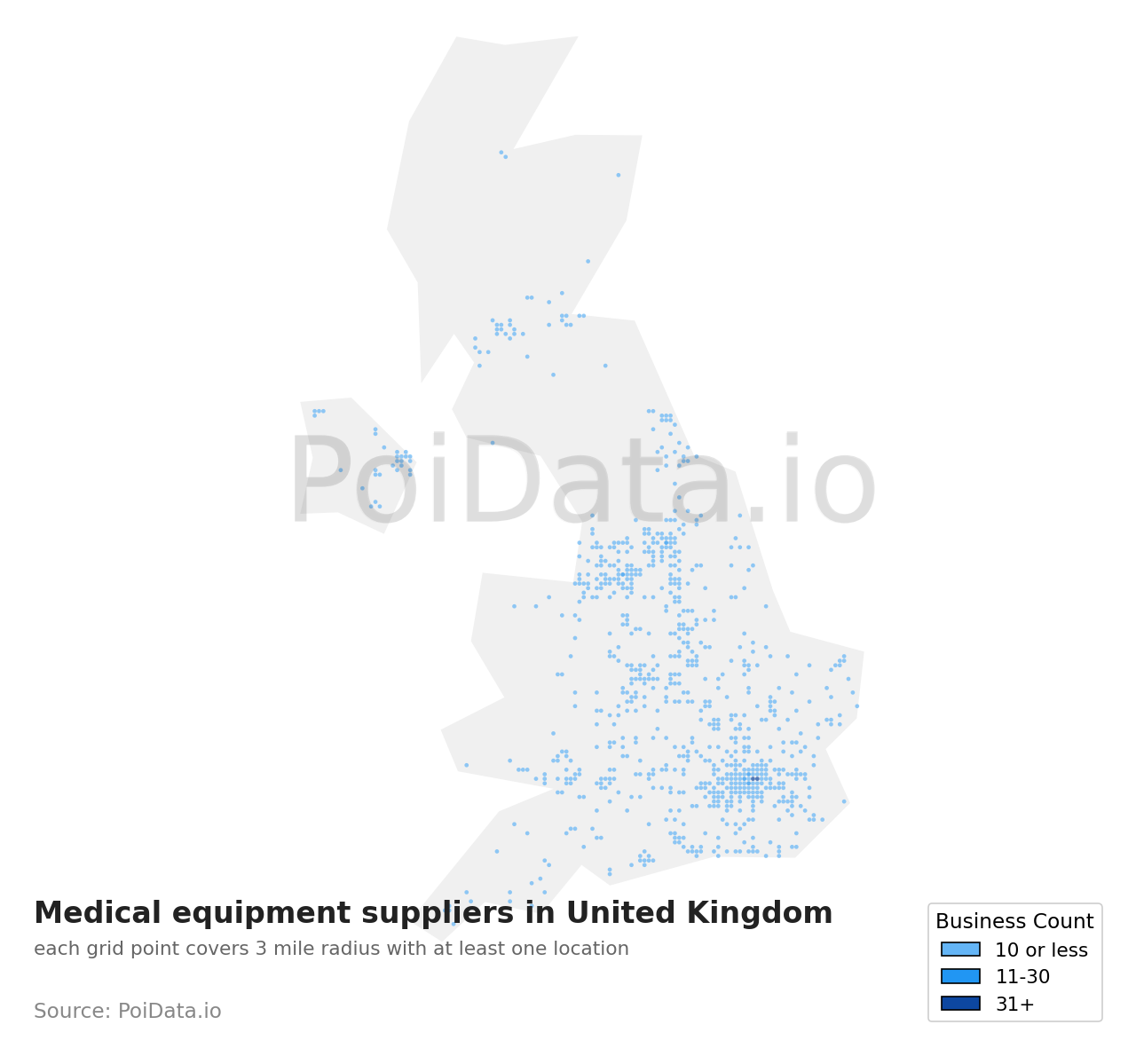 Medical equipment supplier density map for United Kingdom