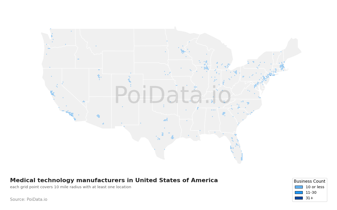 Medical technology manufacturer density map for United States