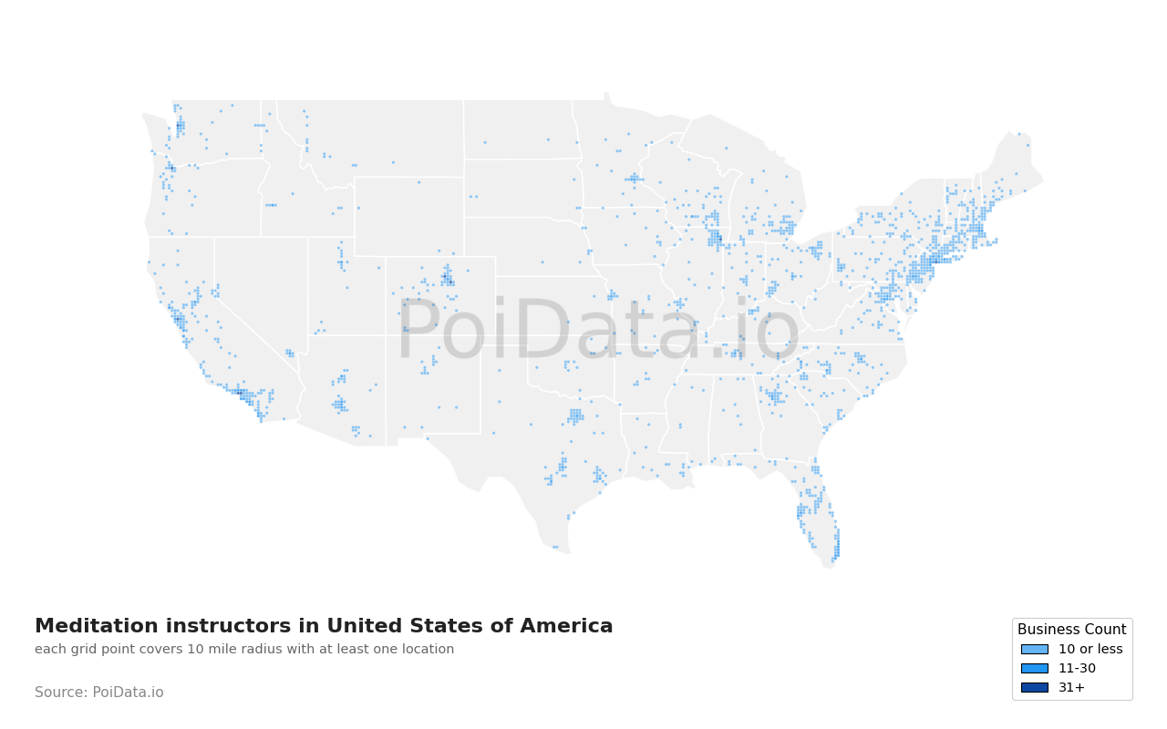 Meditation instructor density map for Missouri, United States